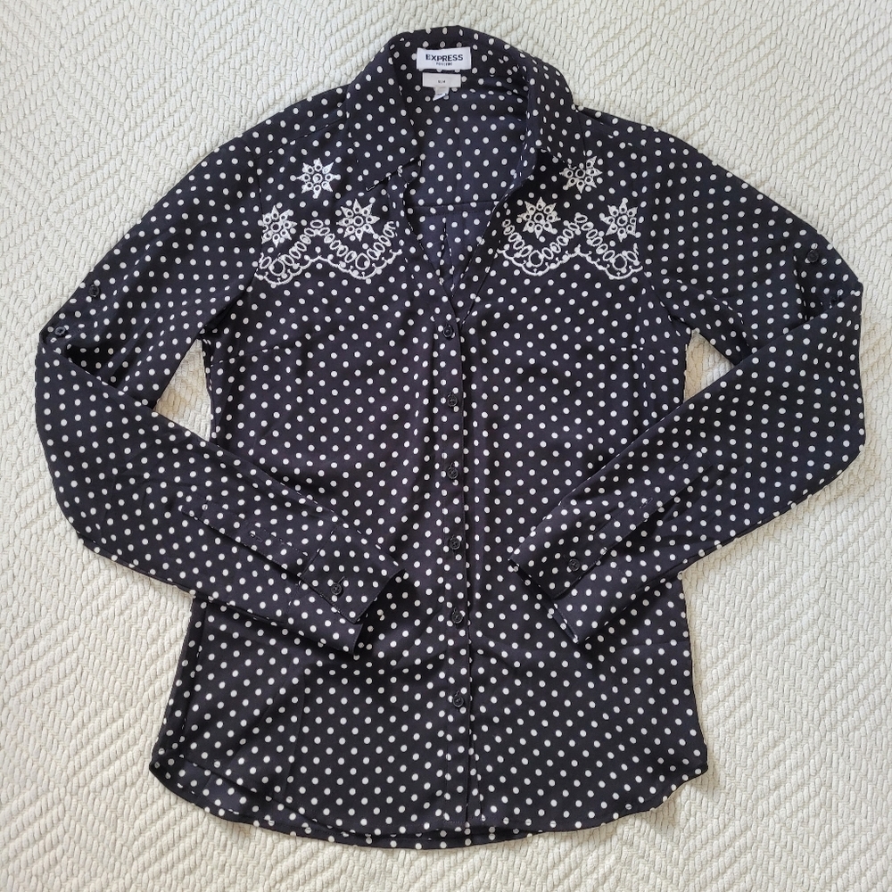 Express Portofino Black and White Button Down Polka Dot Shirt